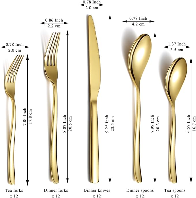 Berglander Gold Silverware Set 60pcs Service for 12, Golden Titanium Plating Stainless Steel Flatware Set, Gold Spoons Forks Knives Set for Home, Wedding, Restaurant, Hotel, Dishwasher Safe