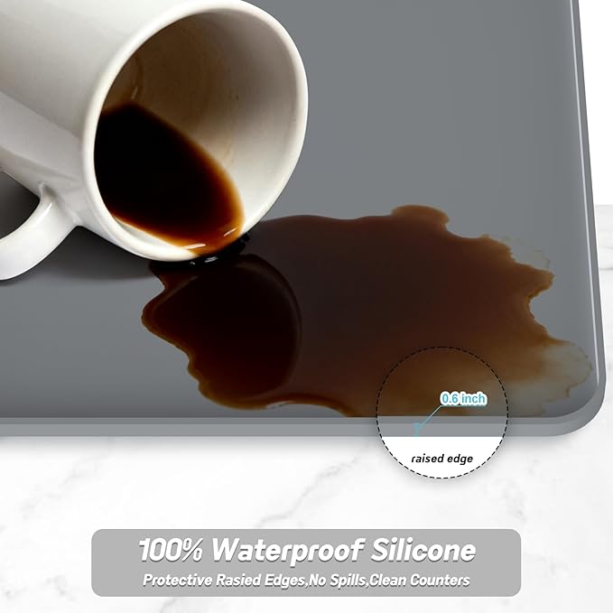 Silicone Coffee Mat,16"×16" Waterproof Heat Resistant Bar Mat for Espresso Machine Station Accessories,Non Slip Dish Drying Mat for Kitchen Counter,Home Decor Essentials,Grey