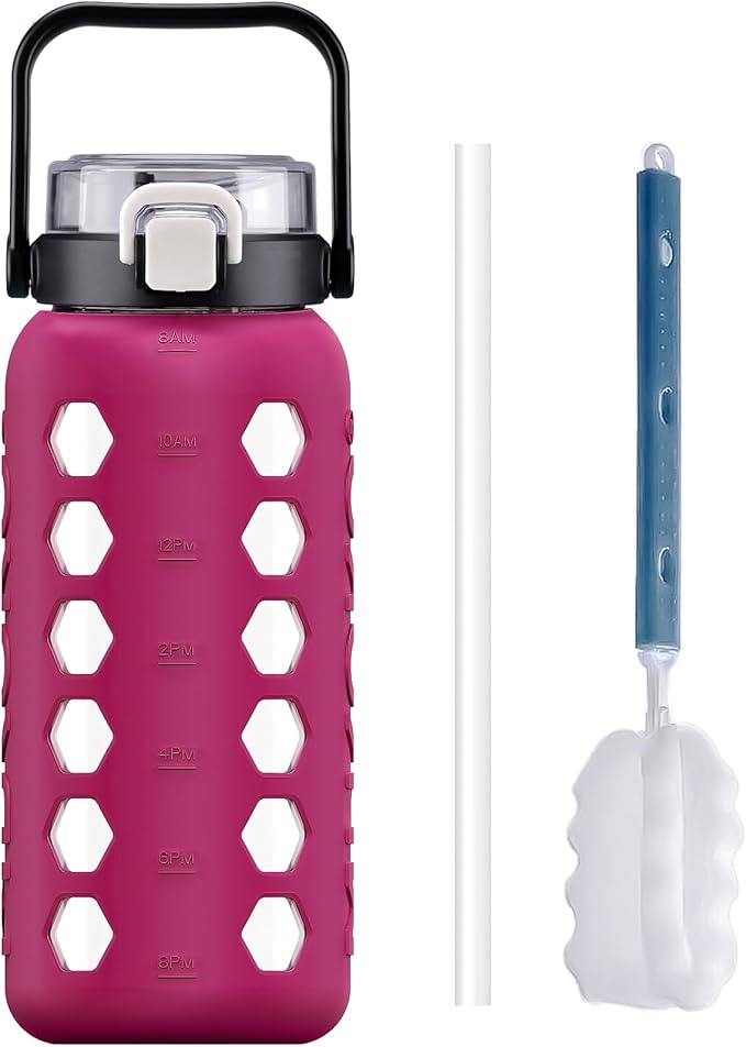 MUKOKO Half Gallon/64 oz Glass Water Bottles with Straw and Lid,Motivational Water Jug with Time Marker Reminder and Silicone Sleeve,100% Leakproof BPA Free Fitness Sports Large Bottle-Rose
