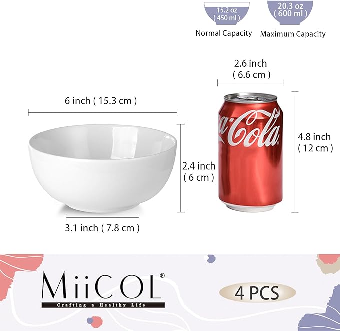 Miicol 6 Inch Ceramic Cereal Bowl, 20 oz White Small Bowls Set of 4, Tableware Suitable for Soup and Rice, Microwave and Dishwasher Safe