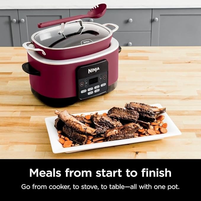 Ninja Foodi PossibleCooker PRO MC1000 8.5Qt Multicooker 8 in 1 Slow Cooker, Dutch Oven, Steam Bake Roast Sear Sauté Bread Maker Warmer, Glass Lid, Integrated Spoon, Nonstick (Cherry)