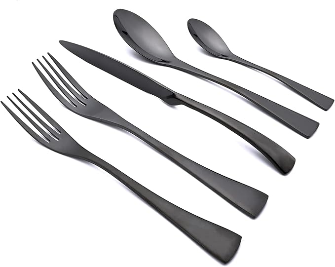 Black Tableware 20Pcs Mirror Polished 18/10 Stainless Steel Luxury Flatware - Heavy Cutlery Set Service For 4 Include Knives/Forks/Spoons/Salad Fork/Teaspoon, Dishwasher Safe