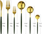 24Pcs Gold Mirror Silverware Flatware With Green Handle, 18/0 Stainless Steel Cutlery Set Utensils Kitchen Dinnerware Include Knife Fork Spoon and Teaspoon, Service for 4