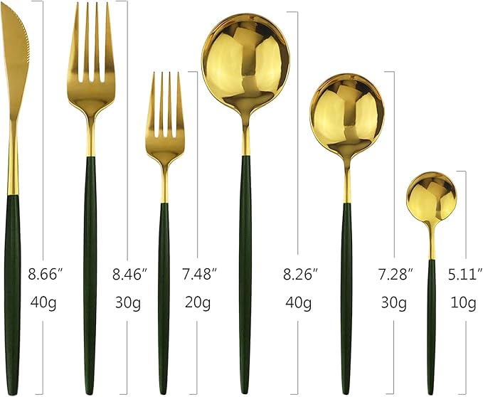 24Pcs Gold Mirror Silverware Flatware With Green Handle, 18/0 Stainless Steel Cutlery Set Utensils Kitchen Dinnerware Include Knife Fork Spoon and Teaspoon, Service for 4