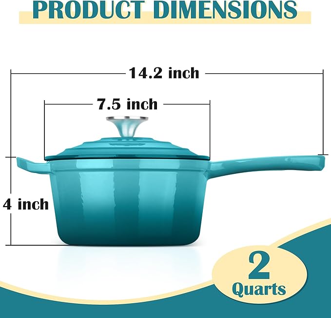 E-far Enameled Cast Iron Sauce Pan, 2 Quart Dutch Oven Saucepan with Lid, Small Sauce Pot for Cooking, Boiling, Healthy & Non Toxic, Induction & Oven Safe, Green