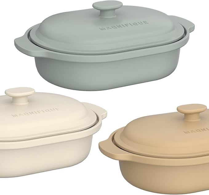 MAGNIFIQUE Casserole Dishes for Oven, 9x12 Porcelain Baking Dish, 4 Quarts Lasagna Pan with Handles and Lid, Oven Safe up to 500°F or on Stovetop, Use to Marinate, Cook, Bake, and Serve, Brown