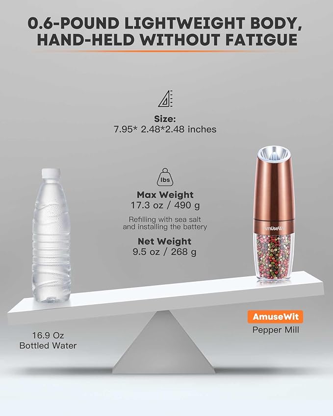 AmuseWit Electric Gravity Pepper Mill or Salt Grinder Mill [White Light] - Battery Operated Automatic Pepper Grinder with Light, Adjustable Coarseness, One Handed Operation, Cleaning Brush, Copper