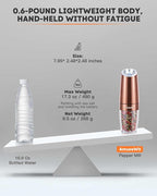 AmuseWit Electric Gravity Pepper Mill or Salt Grinder Mill [White Light] - Battery Operated Automatic Pepper Grinder with Light, Adjustable Coarseness, One Handed Operation, Cleaning Brush, Copper