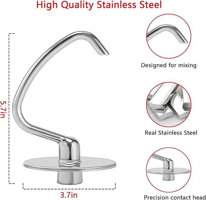 Stainless Steel Dough Hook for KitchenAid 4.5-5 Quart Tilt-Head Stand Mixers, Dishwasher Safe Metal Kneading Bread Hook Attachment for Kitchen Aid