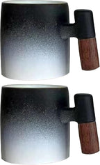 2-Oz Ceramic Espresso Cups with Wood Handle, 2/4-Piece Set for Coffee, Tea, Latte - Dishwasher Safe, Multi-Color & Wood Styles, Gift & Café Use (black white, Wooden Handle2)