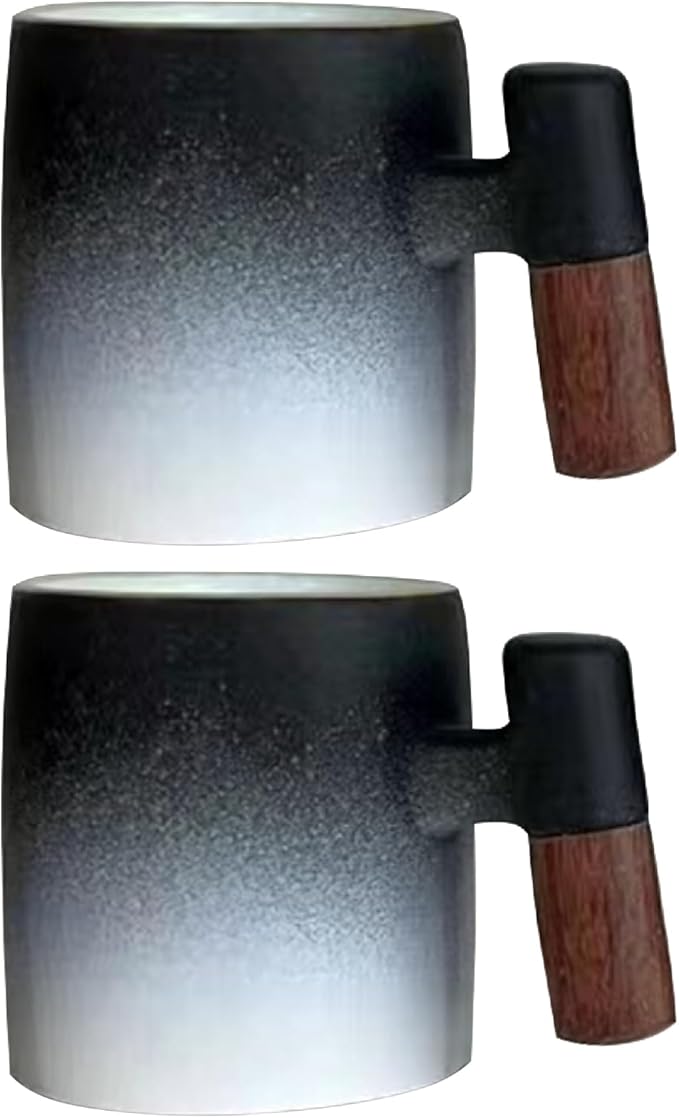 2-Oz Ceramic Espresso Cups with Wood Handle, 2/4-Piece Set for Coffee, Tea, Latte - Dishwasher Safe, Multi-Color & Wood Styles, Gift & Café Use (black white, Wooden Handle2)