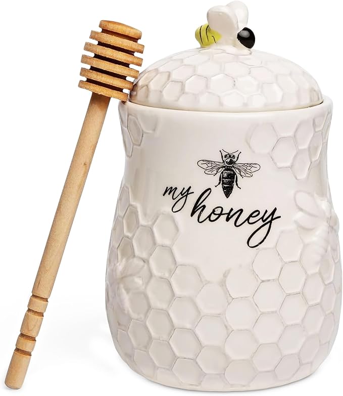 Young's Inc. Ceramic Honey Jar with Lid and Wooden Honey Dipper - Farmhouse Kitchen Decor - Tea Accessories