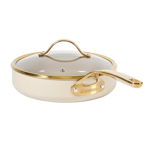 bloomhouse 10 Inch Heavy Duty Aluminum Premium PFA Free Ceramic Nonstick Saute/Deep Frying Pan Skillet with Lid - Almond Cream w/Gold Handle