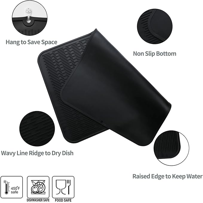 Silicone Dish Drying Mat for Multiple Usage,Easy clean,Eco-friendly,Heat-resistant Silicone Mat for Kitchen Counter or Sink,Refrigerator or Drawer Liner Black 3XL 28 inches x 18 inches
