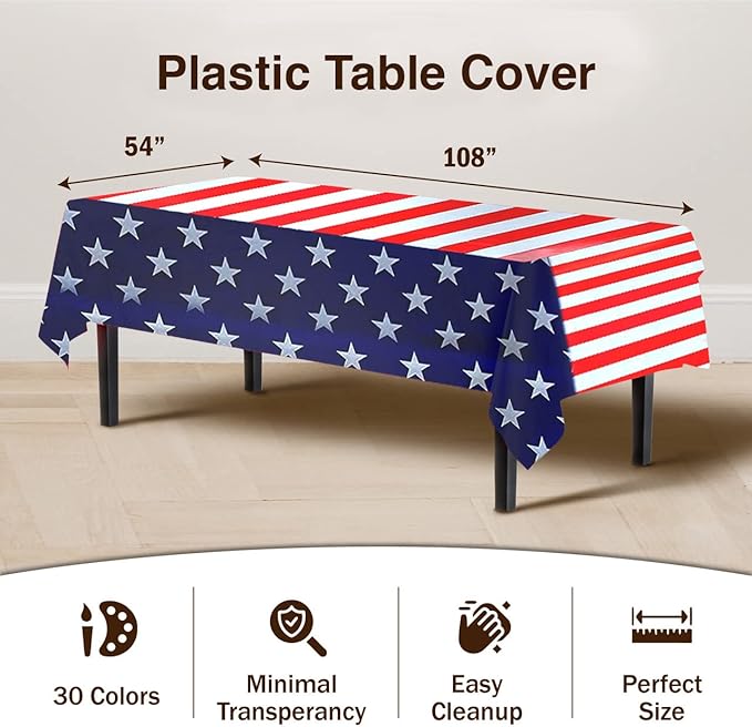 Exquisite Party Solids 12-Pack Premium Rectangle American Flag Design Plastic Tablecloth - USA Stars and Stripes Tablecloth Disposable Plastic Table Cover for July 4th - 54 inch. x 108 inch.