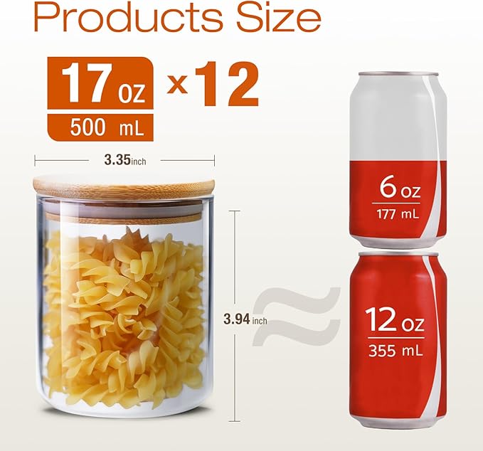 Glass Jars with Bamboo Lids 17 FL OZ [Set of 12], Glass Canisters with Airtight Lids, Glass Food Storage Containers for Spice, Coffee, Sugar, Tea, Candies, Cookies,Best for Kitchen & Pantry