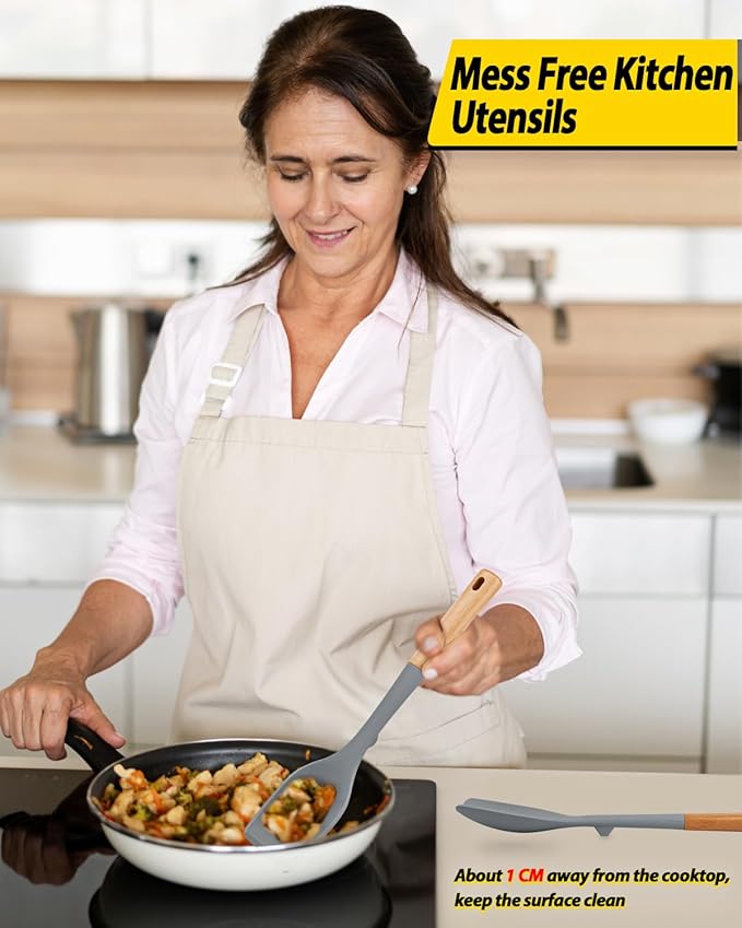 Pack of 2 Large Silicone Cooking Spoons, Heat Resistant Non Stick Kitchen Utensils with Wooden Handle, Ideal for Mixing, Stirring, Serving, Cooking(GRAY)