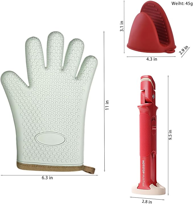 4 pcs Heat Resistant Kitchen Safety Set – Includes Silicone Oven Mitt, 2-in-1 hot Plate clamp, and Mini Pinch Mitts – Ideal for Microwave, Air Fryer & Steaming Use