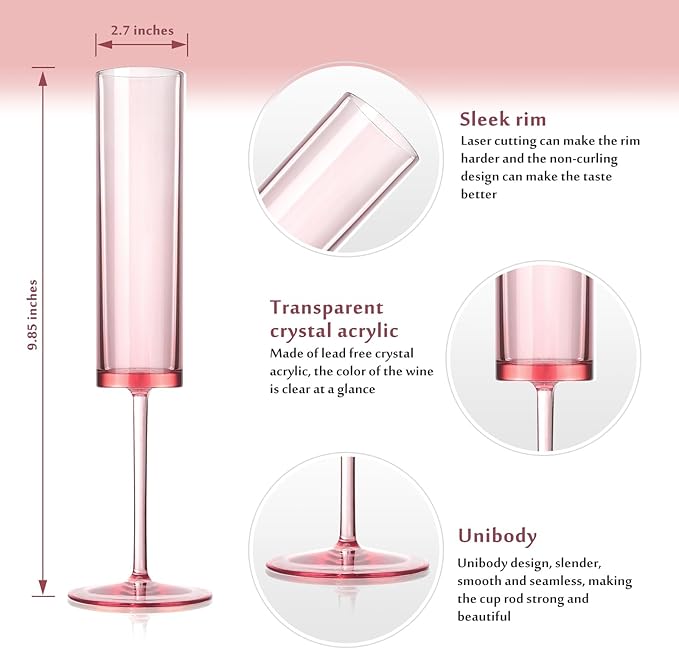 24 Pieces Acrylic Pink Champagne Flutes 5.4 OZ Square Champagne Glasses Stemmed Coupes Reusable Wedding Toasting Glasses Rose Bride Wine Glasses For Birthday Party Wedding Anniversary Christmas