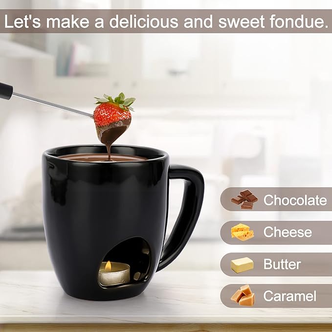 BSTKEY 230ML Personal Chocolate Fondue Mug Set, Ceramic Butter Warmer Set, Mini Melt Hot Pot Cup Set for Cheese Chocolate Butter Caramel, with 2 Forks (Black)