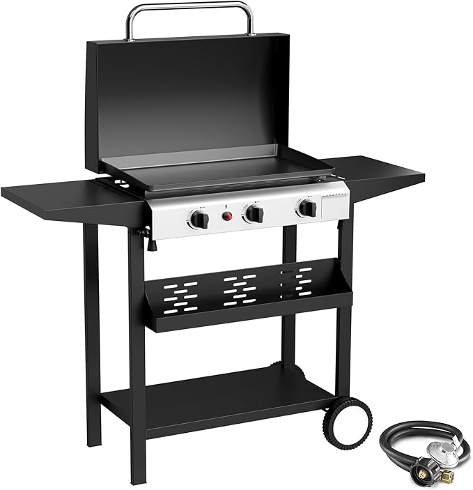 3 Burner BBQ Gas Griddle with Hood, 25.6 Inch Stainless Steel Portable Detachable Propane Griddle, 45,000 BTU Flat Top Grill with Side Shelves for Camping, Silver