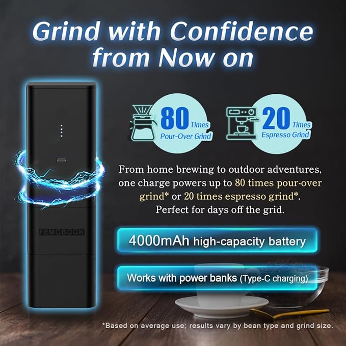 Femobook-A2 Portable Electric Coffee Grinder, Cordless Burr Grinder USB Rechargeable Coffee Grinder Magnetic Grounds Cup for Espresso Pour Over Travel & Home Brewing, Black