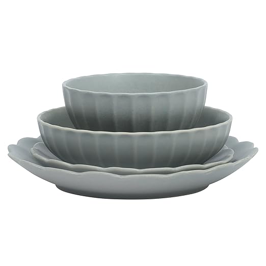 Gibson Elite Malibu Shore 16 Piece Scallop Stoneware Reactive Glaze (Service for 4) Ceramic Plates and Bowls Dinnerware Set - Blue
