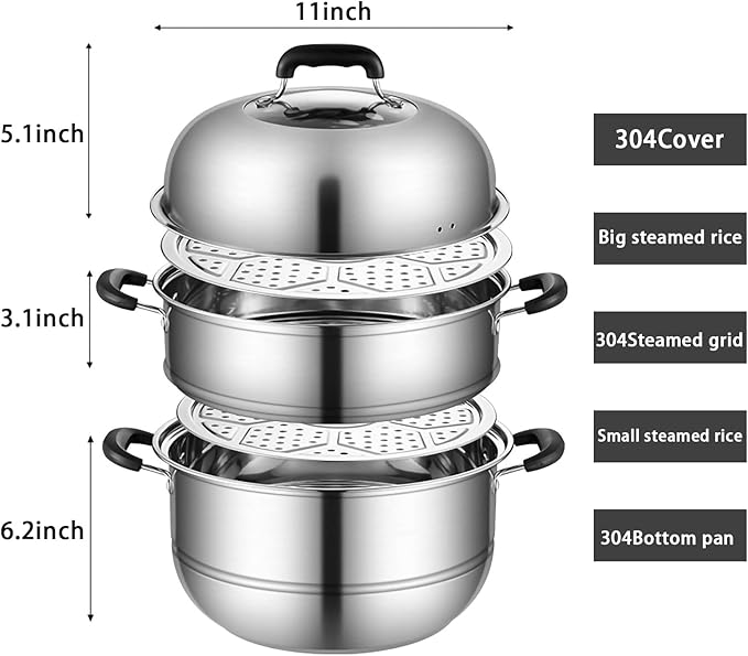 MANO Steamer Pot for Cooking 11 inch Steam Pots with Lid 2-tier Multipurpose Stainless Steel Steaming Pot Cookware with Handle for Vegetable, Dumpling, Stock, Sauce, Food