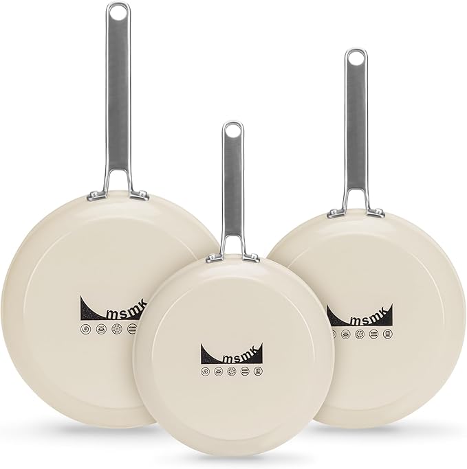 MsMk Ceramic Nonstick 8-inch, 9.5-inch and 11-inch Frying Pan Set, No PFAS & PTFE & PFOA, Stainless Steel Handle, Dishwasher & Oven Safe,induction Base