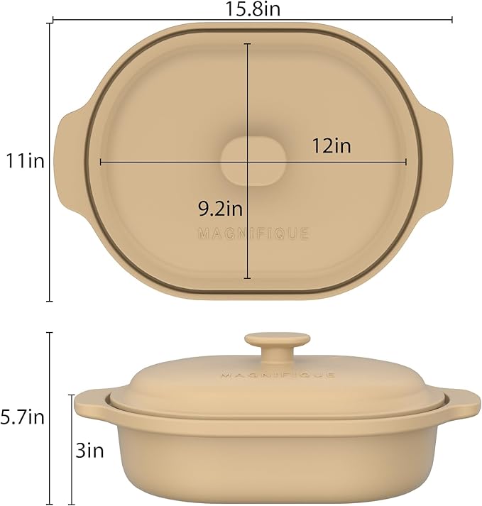 MAGNIFIQUE Casserole Dishes for Oven, 9x12 Porcelain Baking Dish, 4 Quarts Lasagna Pan with Handles and Lid, Oven Safe up to 500°F or on Stovetop, Use to Marinate, Cook, Bake, and Serve, Brown