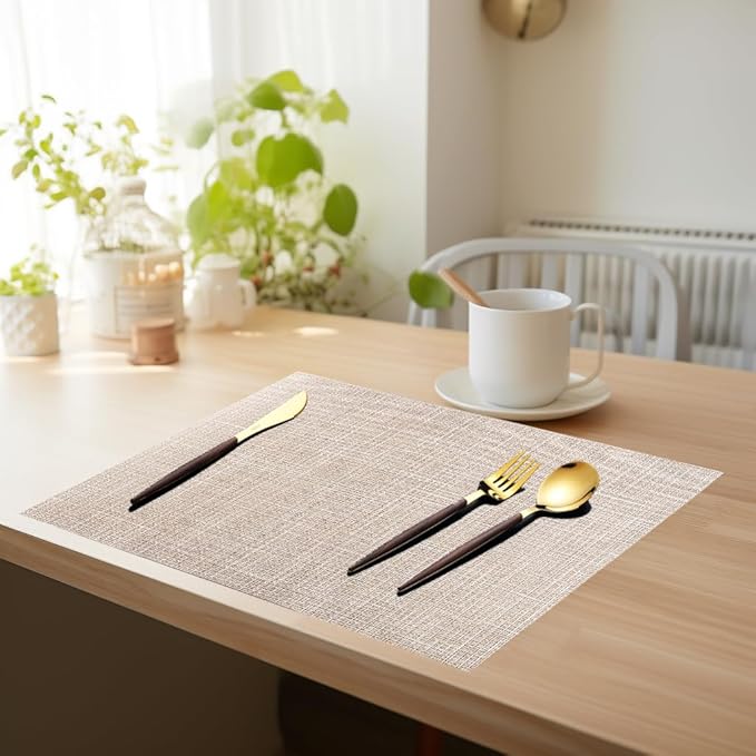 PIGCHCY Beige Placemats Set of 4 Vinyl PVC Durable Place Mats for Dining Table,Heat Resistant Non-Slip Woven Tabel Mats (18x12 inches, Beige)