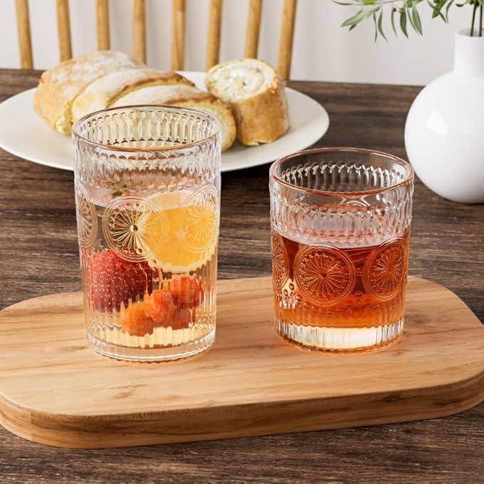 12pcs Vintage Drinking Glasses Set, 12 oz Highball Glasses & 9 oz Embossed Ribbed Glassware Cups for Cocktail, Water, Juice, Coffee, Whiskey (Clear)