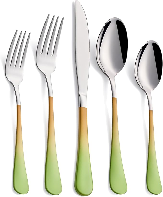 20-Pieces Color Silverware Sets for 4,Green and Orange Handle Stainless Steel Cutlery Set, Include Forks Spoons and Knives Set, Dishwasher Safe Utensil Sets for Home Restaurant