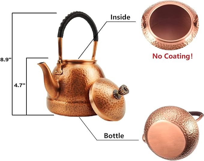 Funmaker Handmade Solid Copper Tea Pot Kettle Stovetop Teapot Thick Hammered Copper Tea Pot Kettle Stovetop Teapot Made for gasstove tops pure copper kettle (Type 8-1500ml)