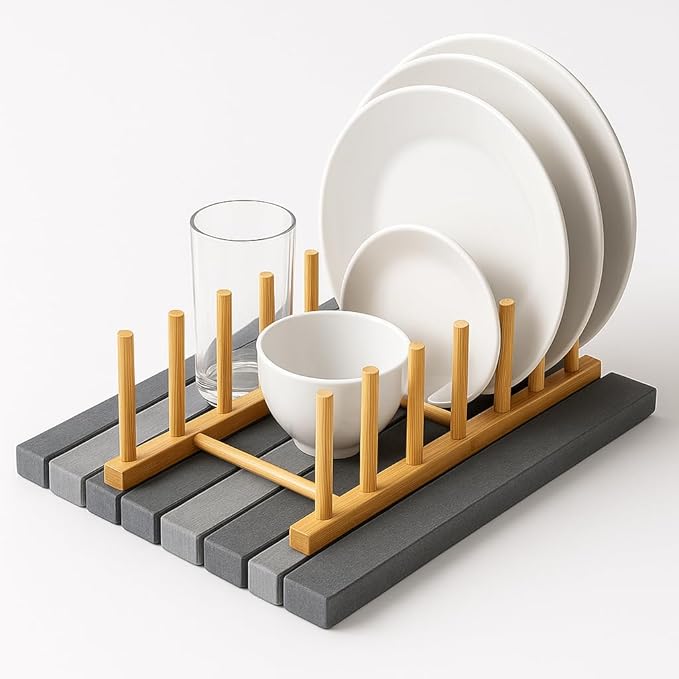 MHM Stone Dish Drying Mat – Volcanic Diatomaceous Earth from Changbai Mountains – Fast-Absorbing, Heat Resistant, Bamboo Rack Included – Eco-Friendly, Minimal Kitchen Drying Mat