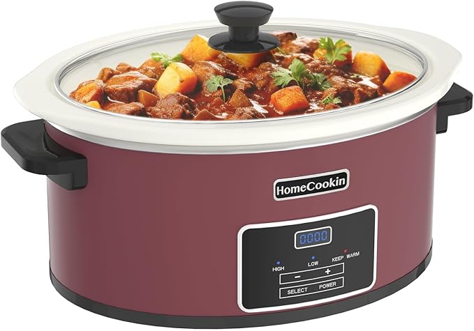 HOMECOOKIN 7-Quart Programmable Slow Cooker with Timer Keep Warm - Small Kitchen Appliance for Family Dinners - Serves 6+ People (Red Shell + White Ceramic Liner)