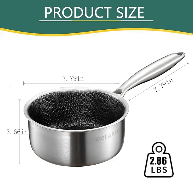 DELARLO Full Clad Tri-Ply Stainless Steel Saucepan 2.5QT, All Stove Safe 600℉(Lids 300℉), Medium Sauce Pan with Lid, Non Stick Sauce Pan, Fast & Even Heat, Steel Pot with Lid, Energy Saving,2-1/2 QT