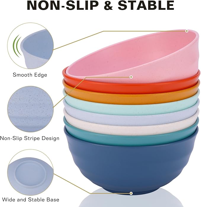 Microwave Safe Bowls 60 Oz, Deep Large Plastic Cereal Soup Bowls Set of 8, Unbreakable Reusable Wheat Straw Dinnerware Sets Dishwasher Safe BPA-Free for Kitchen Salad Ramen, Multicolor