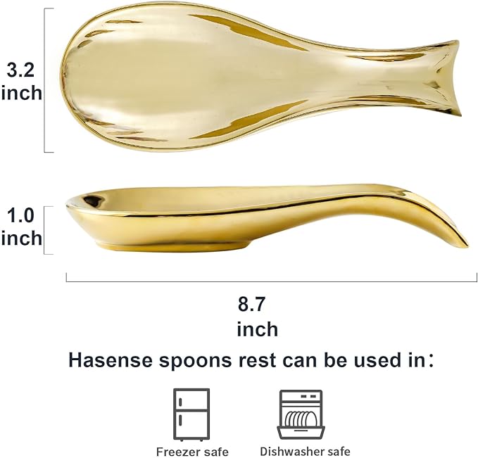 Spoon Rest for Kitchen Counter and Stove Top, Hasense Porcelain Spoon Holder for Ladle Spatula and Tong, Large Cooking Utensil Rest for Home Kitchen and Coffee Bar Decoration, Gold