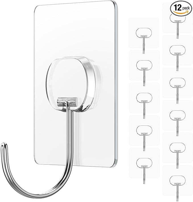 Large Adhesive Hooks for Hanging Heavy Duty Wall Hooks Self Adhesive Towel Coat Hooks Waterproof Transparent Hook for Bathroom Shower Kitchen Keys Door Outdoor Home Improvement Utility Hook 12 Pack