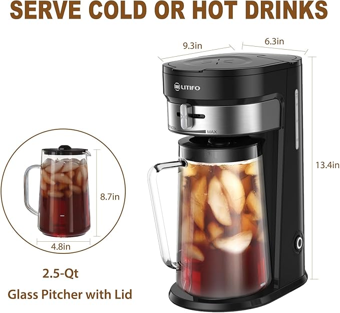 LITIFO Iced Tea Maker and Iced Coffee Maker Brewing System with 2.5-quart Pitcher, sliding strength selector for Taste Customization, Stainless Steel (Black 2.0)