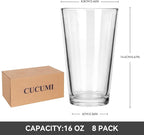 CUCUMI 8pcs 16oz Beer Pint Glasses, Drinking Glasses Set of 8 Highball Glasses Water Cups for Cold Beverages
