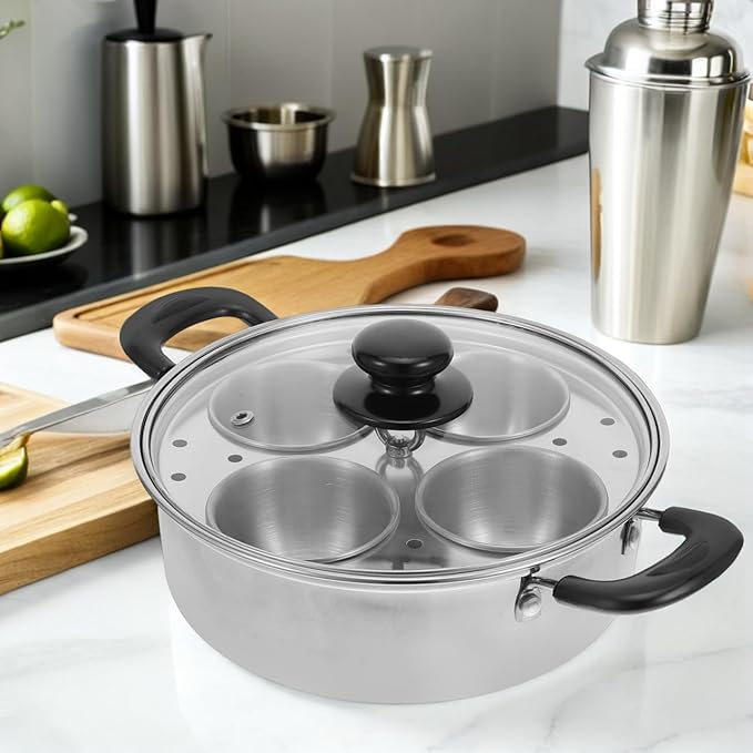 DECHOUS Egg Poacher Pan Nonstick 4 Eggs Stainless Steel Food Steamer Pot With Detachable Cups & Lid For Breakfast And Meal Prep