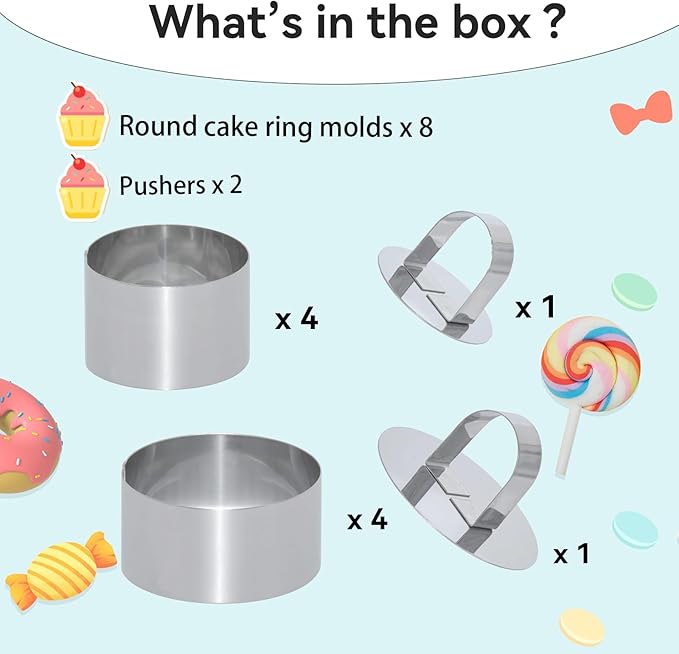 Uncle Jack 8 Pieces Round Cake Ring Molds, Cake Ring Mold Set, with Pusher, for Kitchen Tools, Baking Pastry (Include 8 Rings and 2 Pushers)