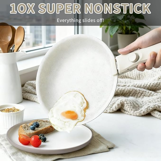 7-Piece Detachable Handle Non-Stick Cookware Set,with Beige Granite Texture Pots And Pans Set With Resistant to High Temperatures, Oven Safe, PFAS Free