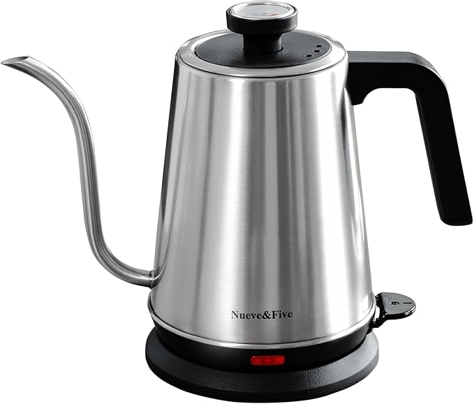 Nueve&Five Gooseneck Electric Kettle with Thermometer,Electric Tea Kettle 1L with Auto Shut-Off，1000W Hot Water Kettle of Stainless Steel,Pour Over Kettle for Coffee & Tea -Chrome