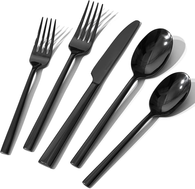KINGSTONE Black Silverware Set, 20-Piece Forged Flatware Set Cutlery Set Premium Stainless Steel, Service for 4, for Kitchen, Home, Wedding, Party, Mirror Polished and Dishwasher Safe