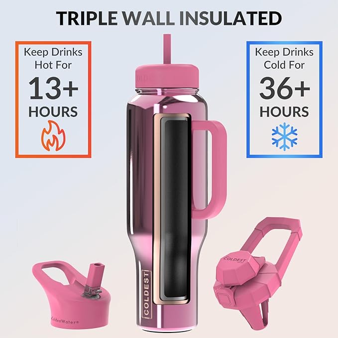 Coldest Tumbler with Handle and Straw Lid | 3 Lids Insulated Reusable Stainless Steel Water Bottle Travel Mug | Gifts for Women Him Her | Limitless Collection (46 oz, Pink Reflections)