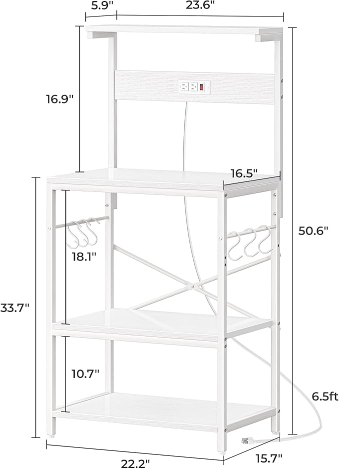 SUPERJARE Kitchen Bakers Rack with Power Outlet, Coffee Bar Table 4 Tiers, Kitchen Microwave Stand with 6 S-Shaped Hooks, Storage Shelf Rack for Spices, Pots and Pans - White