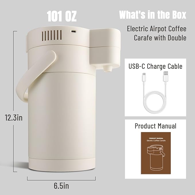 Insulated Water Jug 101OZ, Electric Drink Dispensers for Parties, Termos Para Cafe with Double Pump and Lazy Susan Base, Water Cooler Jug for Hot/Cold Water, Coffee, Juice (Cream White)